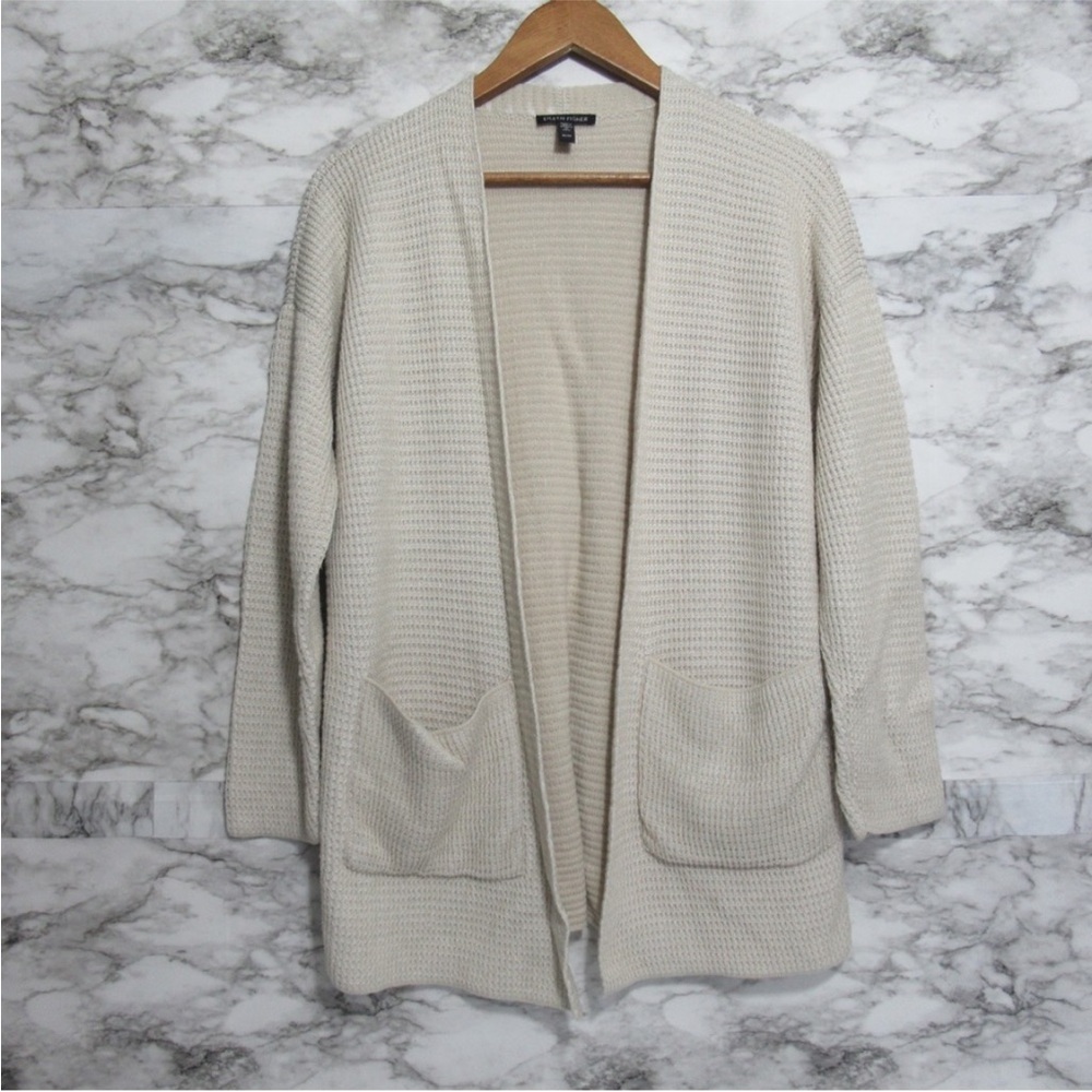 Eileen Fisher Organic Cotton Open Front Knit Cardigan Oversized Size XS